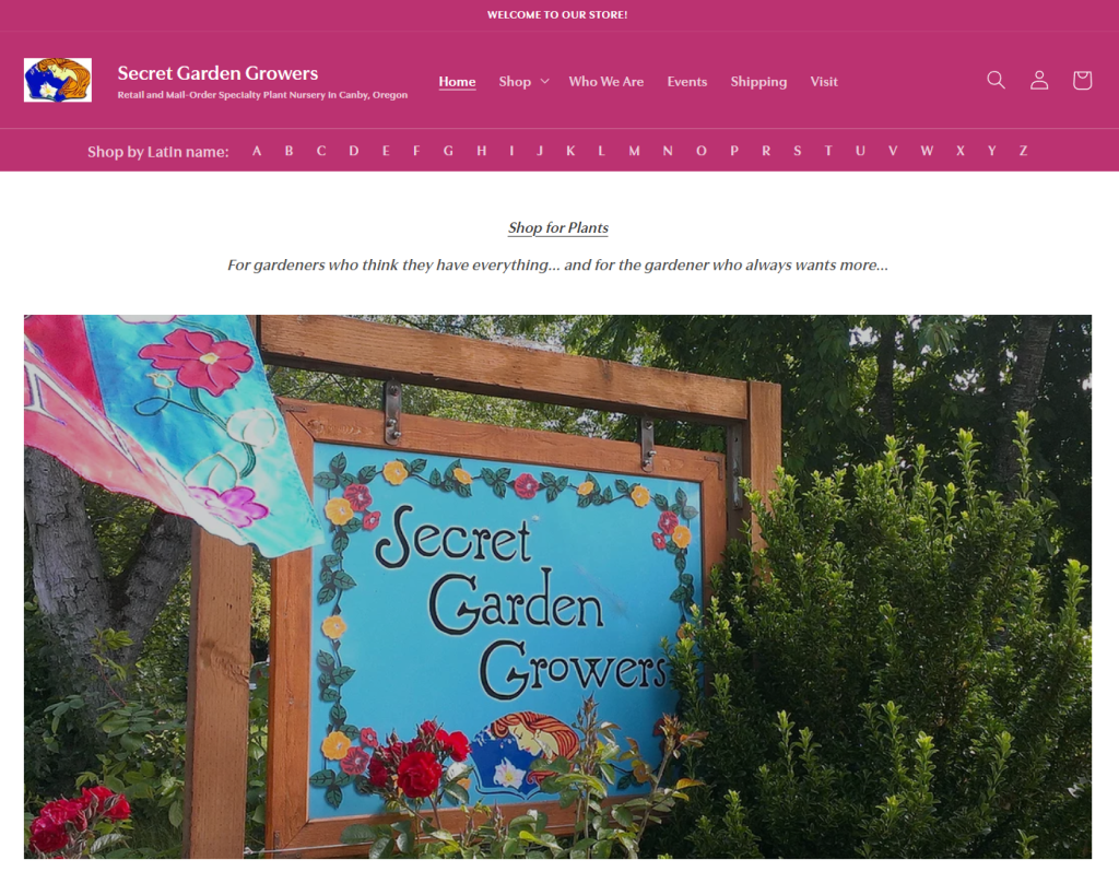home page of Secret Garden Growers' website featuring magenta header and a photo of the welcome sign at the nursery